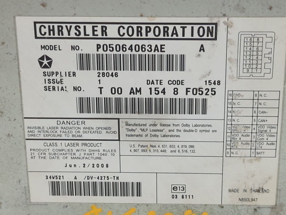 2008-2008 Chrysler Town & Country Am Fm Cd Player Radio Receiver 510912 - Oemusedautoparts1.com