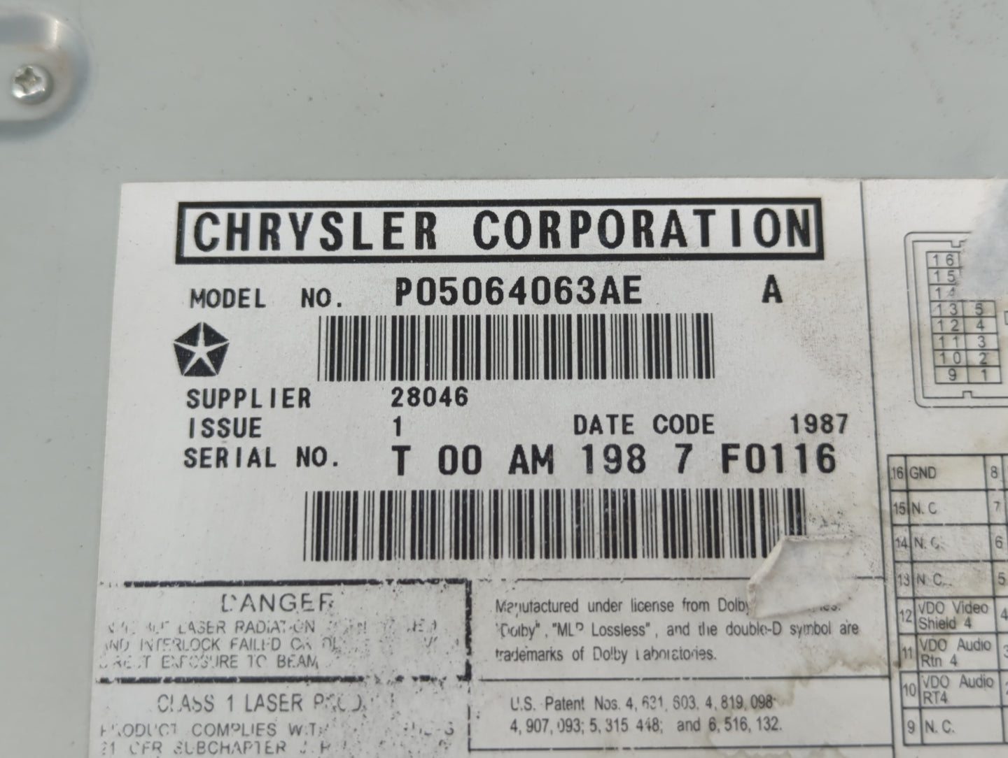 2008 Chrysler Town & Country Radio AM FM Cd Player Receiver Replacement P/N:P05064063AE Fits Fits 2009 2010 OEM Used Auto Pa