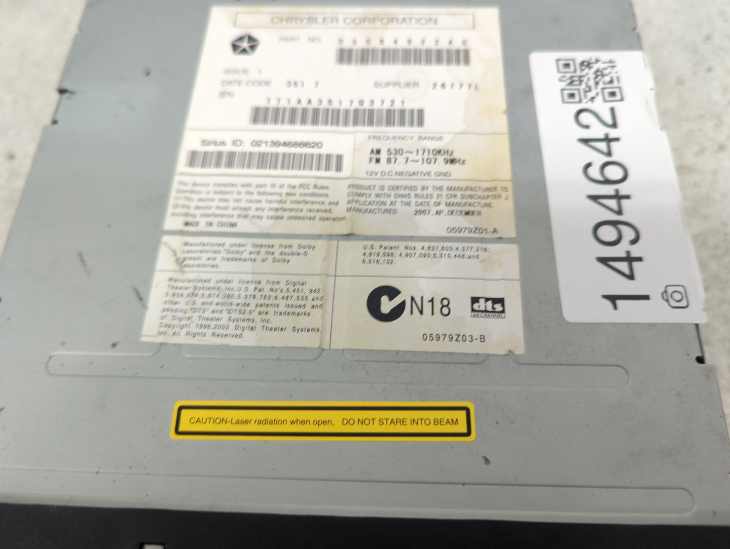 2008 Dodge Dakota Radio AM FM Cd Player Receiver Replacement P/N:05064922AG Fits OEM Used Auto Parts - Oemusedautoparts1.com