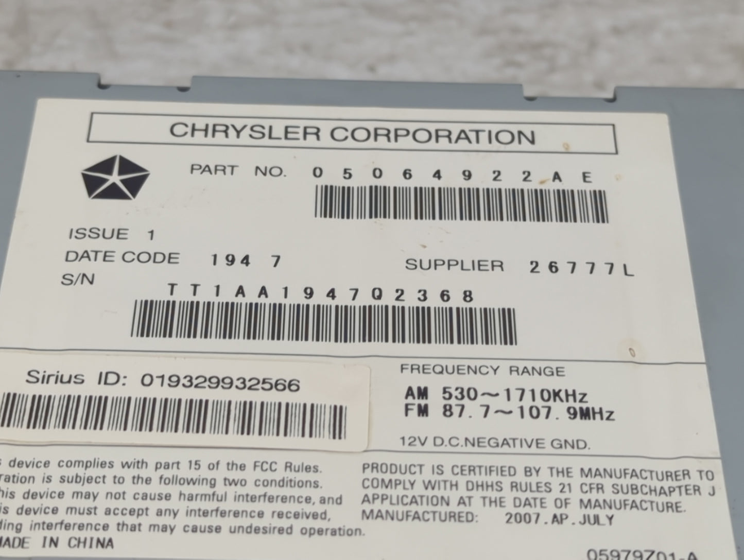 2008 Dodge Durango Radio AM FM Cd Player Receiver Replacement P/N:05064922AE Fits Fits 2007 2009 2010 2011 OEM Used Auto Par