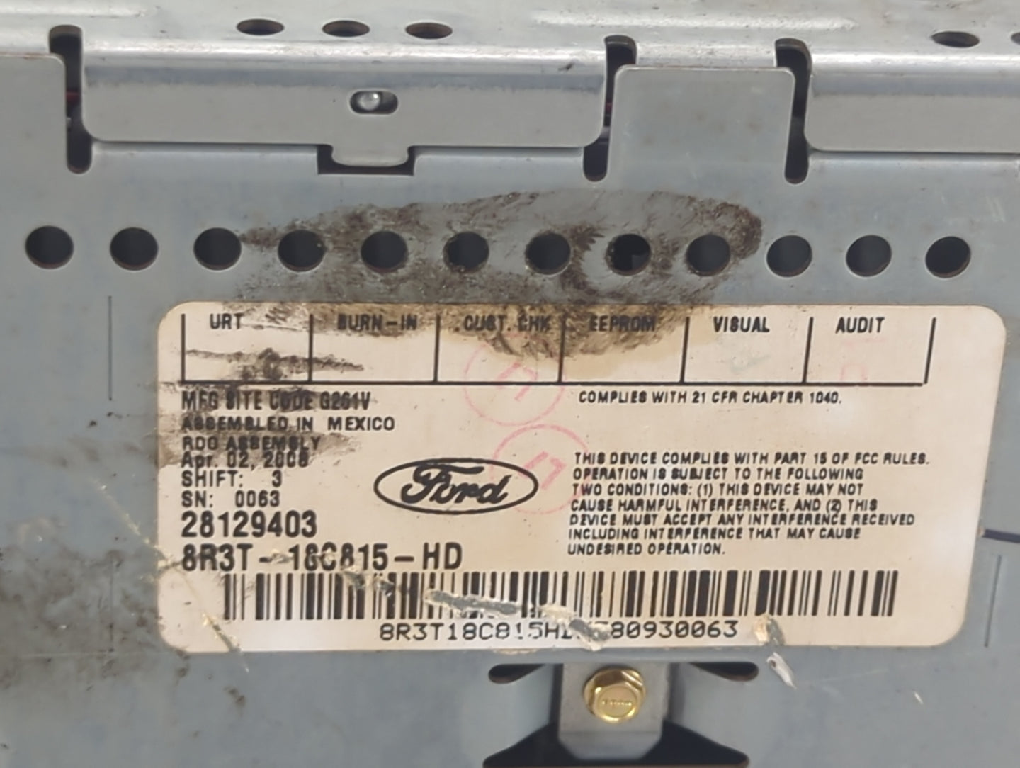 2008 Ford Mustang Radio AM FM Cd Player Receiver Replacement P/N:8R3T-18C815-HD 28129403 Fits OEM Used Auto Parts - Oemuseda