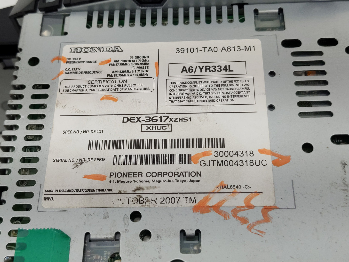 2008-2009 Honda Accord Radio AM FM Cd Player Receiver Replacement P/N:39101-TA0-A613-M1 Fits Fits 2008 2009 OEM Used Auto Pa