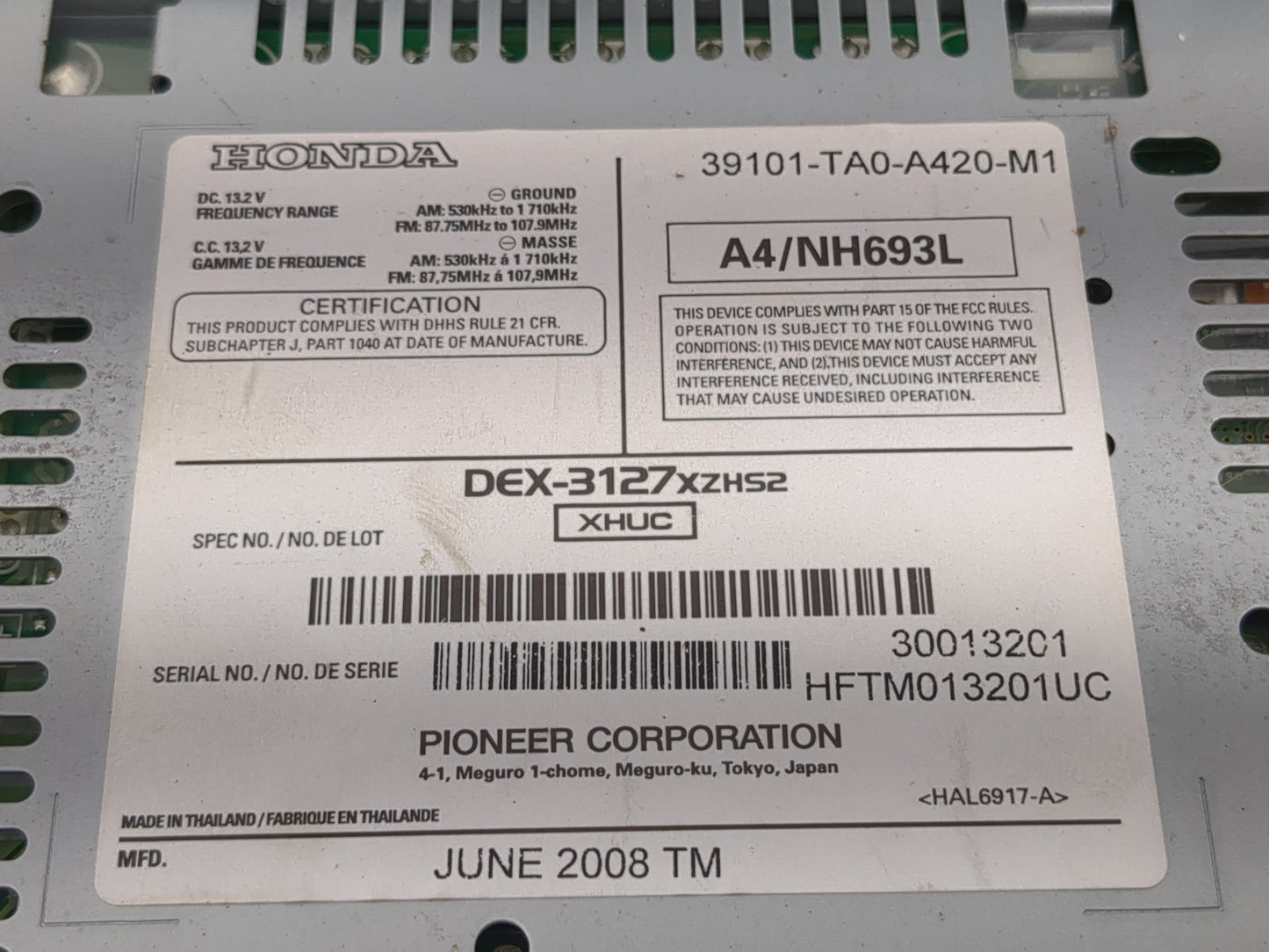 2008-2009 Honda Accord Radio AM FM Cd Player Receiver Replacement P/N:39101-TA0-A420-M1 EEA000335025 Fits Fits 2008 2009 OEM
