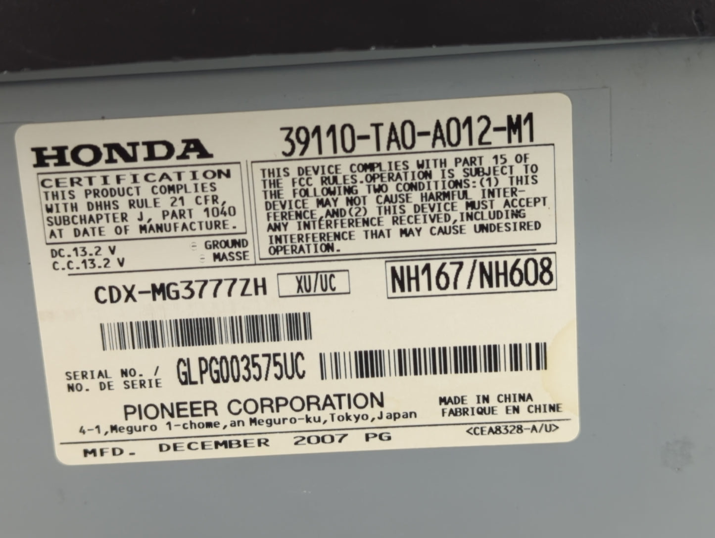 2008-2010 Honda Accord Radio AM FM Cd Player Receiver Replacement P/N:39110-TA0-A012-M1 Fits Fits 2008 2009 2010 OEM Used Au