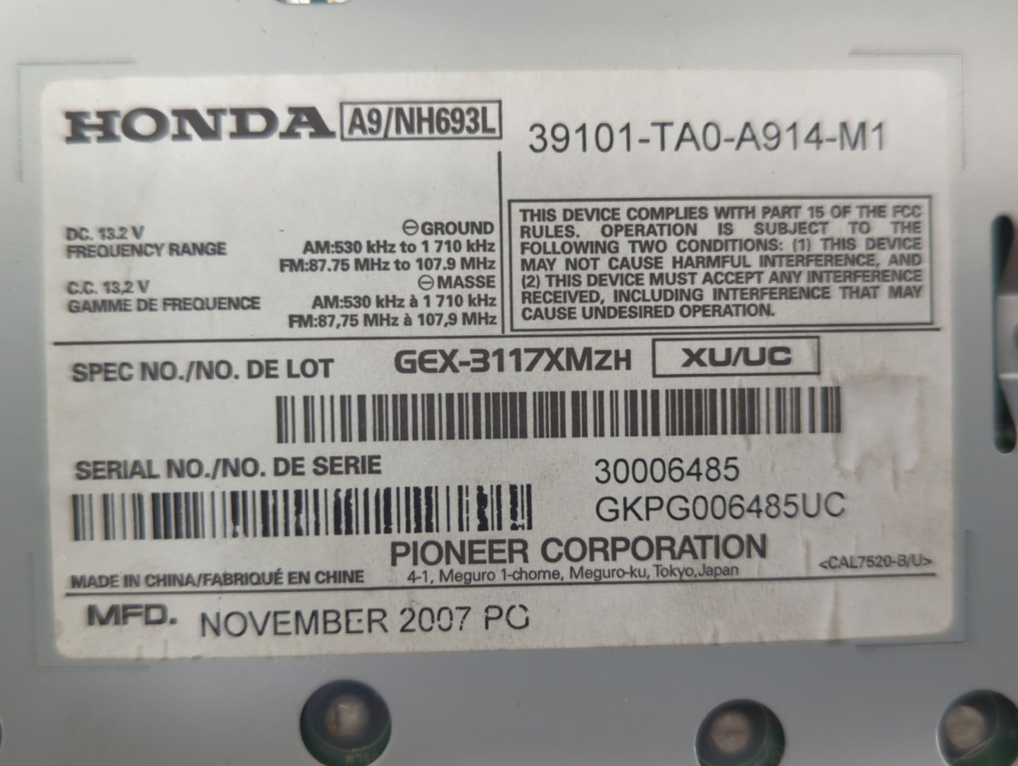 2008-2009 Honda Accord Radio AM FM Cd Player Receiver Replacement P/N:39101-TA0-A914-M1 Fits Fits 2008 2009 OEM Used Auto Pa