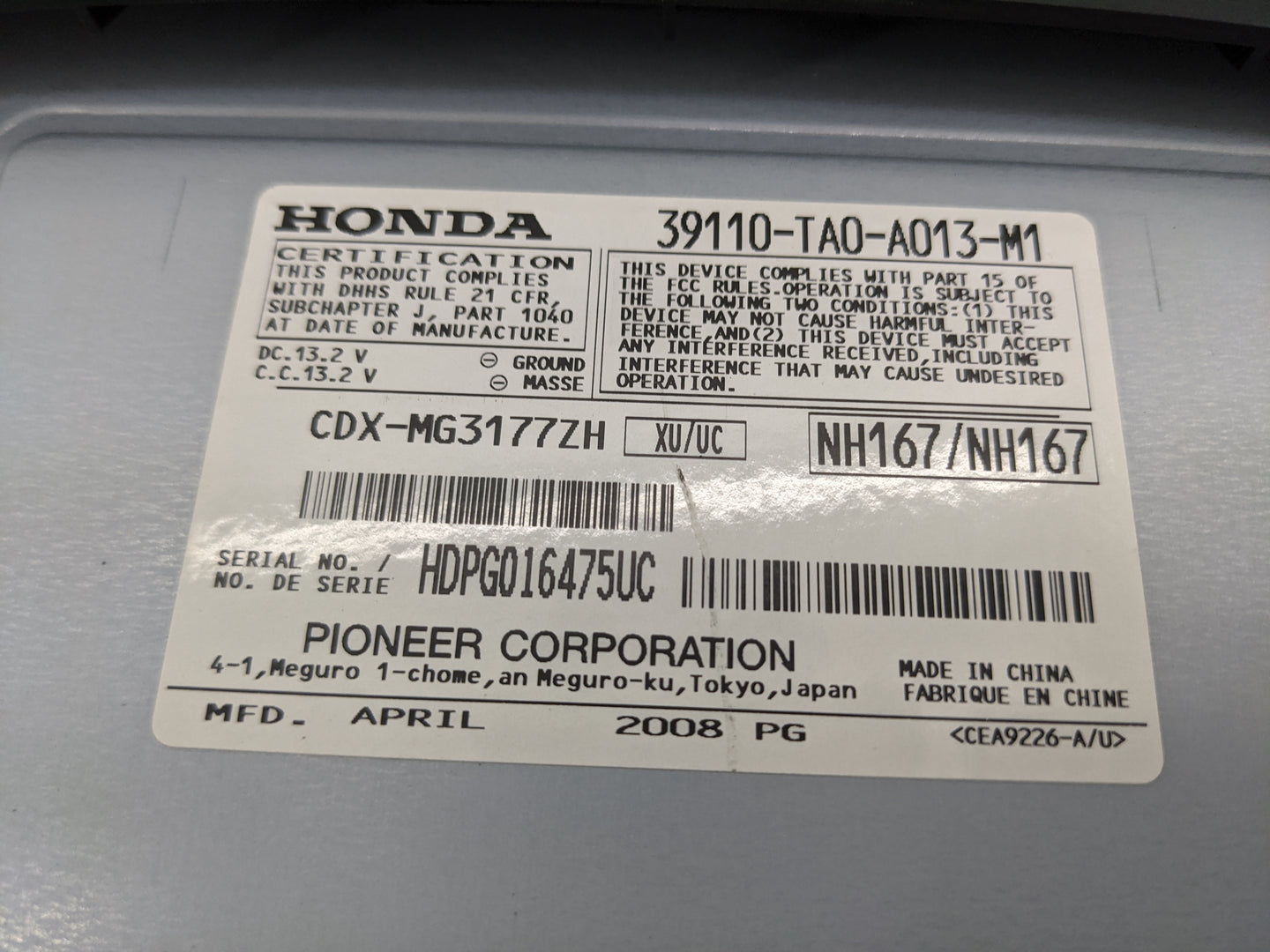2008-2010 Honda Accord Radio Cd Changer 39110-ta0-a013-m1|cdx-mg3177zh - Oemusedautoparts1.com