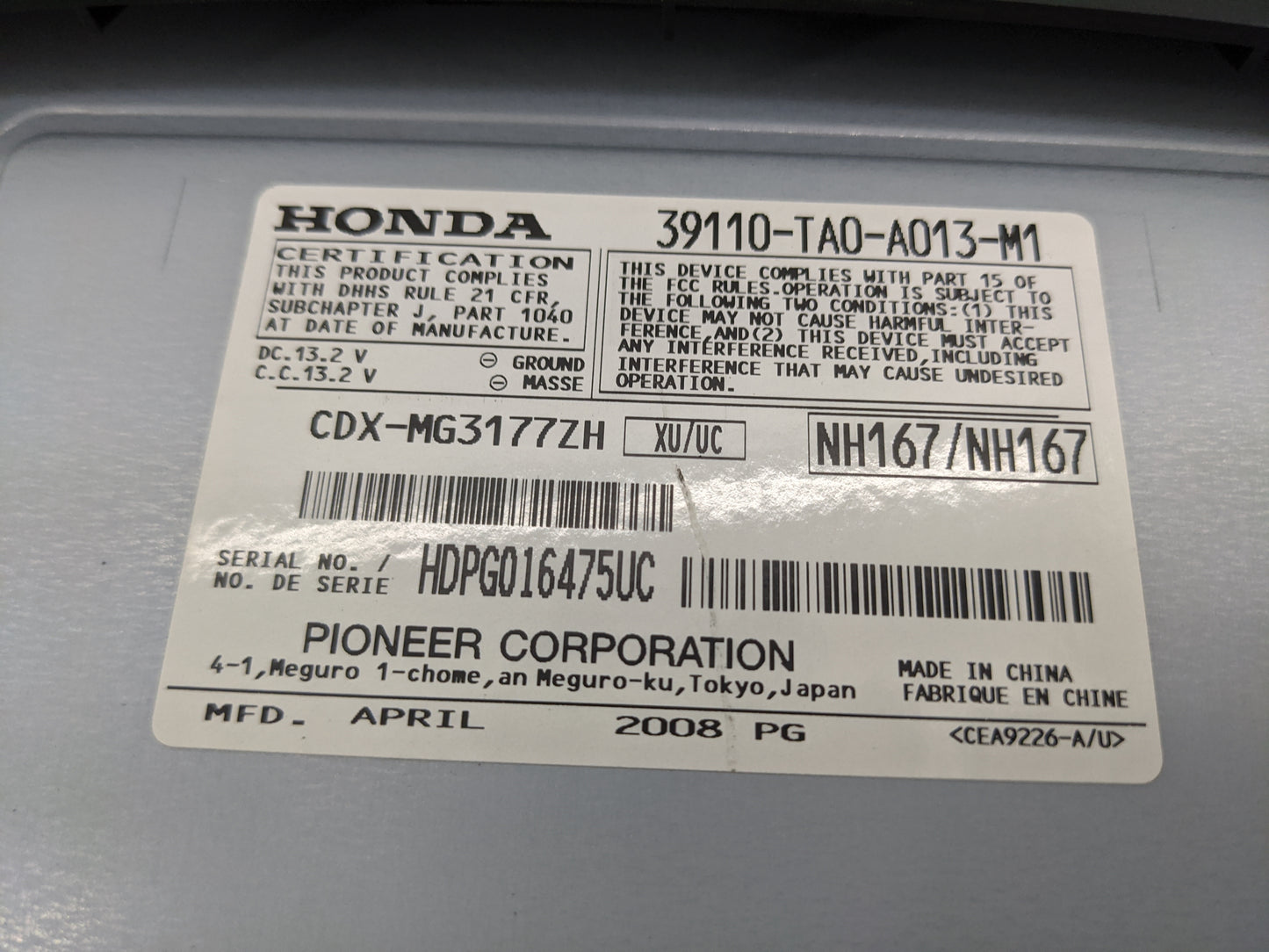 2008-2010 Honda Accord Radio Cd Changer 39110-ta0-a013-m1|cdx-mg3177zh - Oemusedautoparts1.com