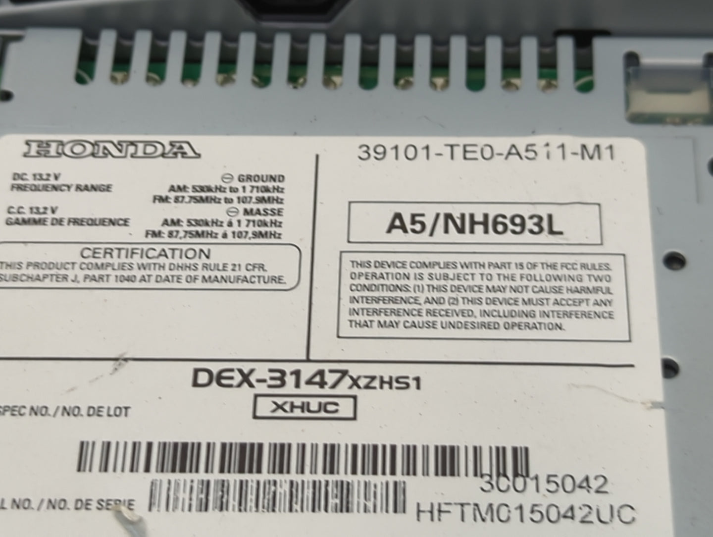 2008-2009 Honda Accord Radio AM FM Cd Player Receiver Replacement P/N:39101-TE0-A511-M1 DEX-3147XZHS1 Fits Fits 2008 2009 OE