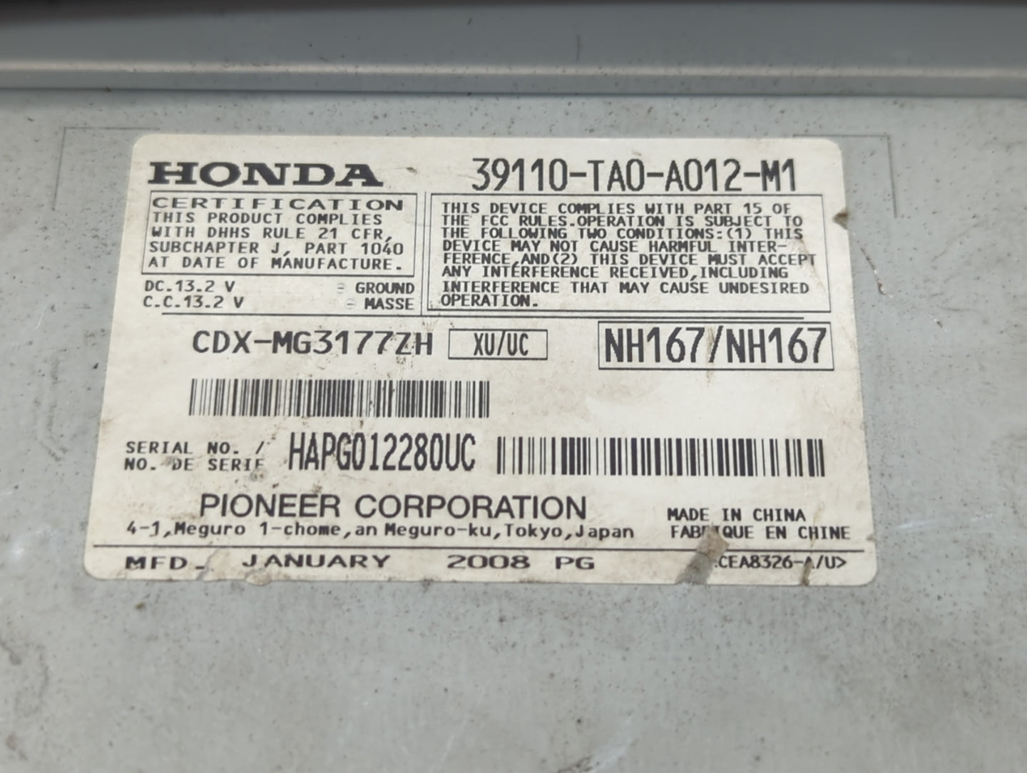 2008-2009 Honda Accord Radio AM FM Cd Player Receiver Replacement P/N:39110-TA0-A012-M1 39101-TA0-A913-M1 Fits Fits 2008 200