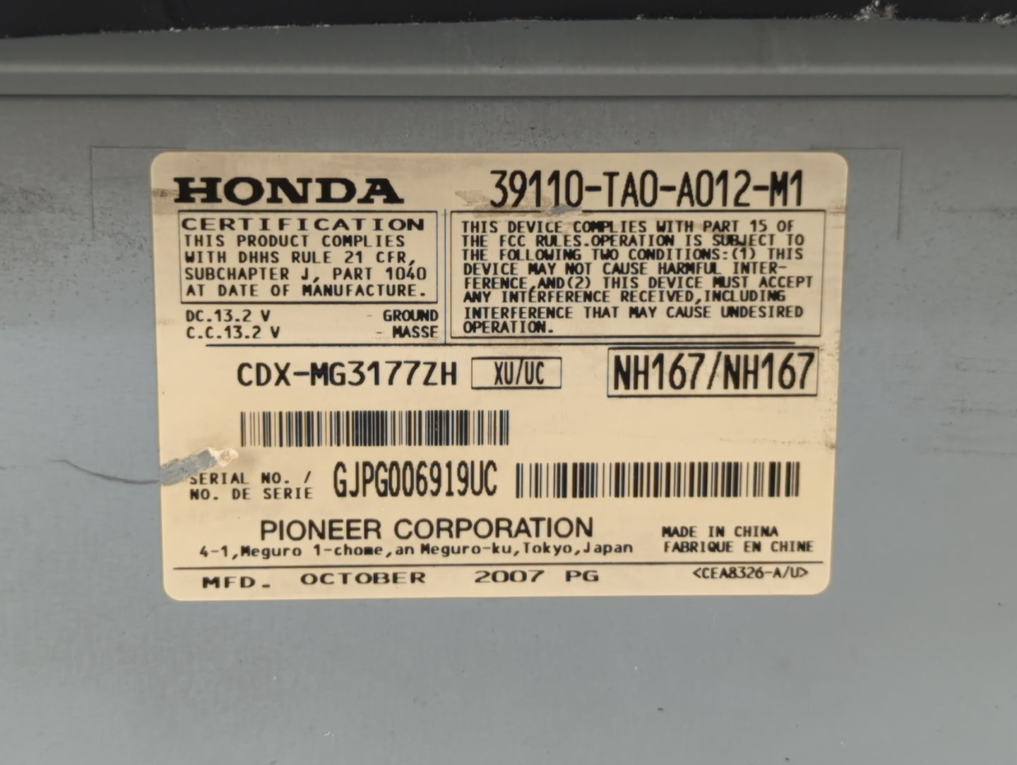 2008-2009 Honda Accord Radio AM FM Cd Player Receiver Replacement P/N:39110-TA0-A012-M1 Fits Fits 2008 2009 OEM Used Auto Pa