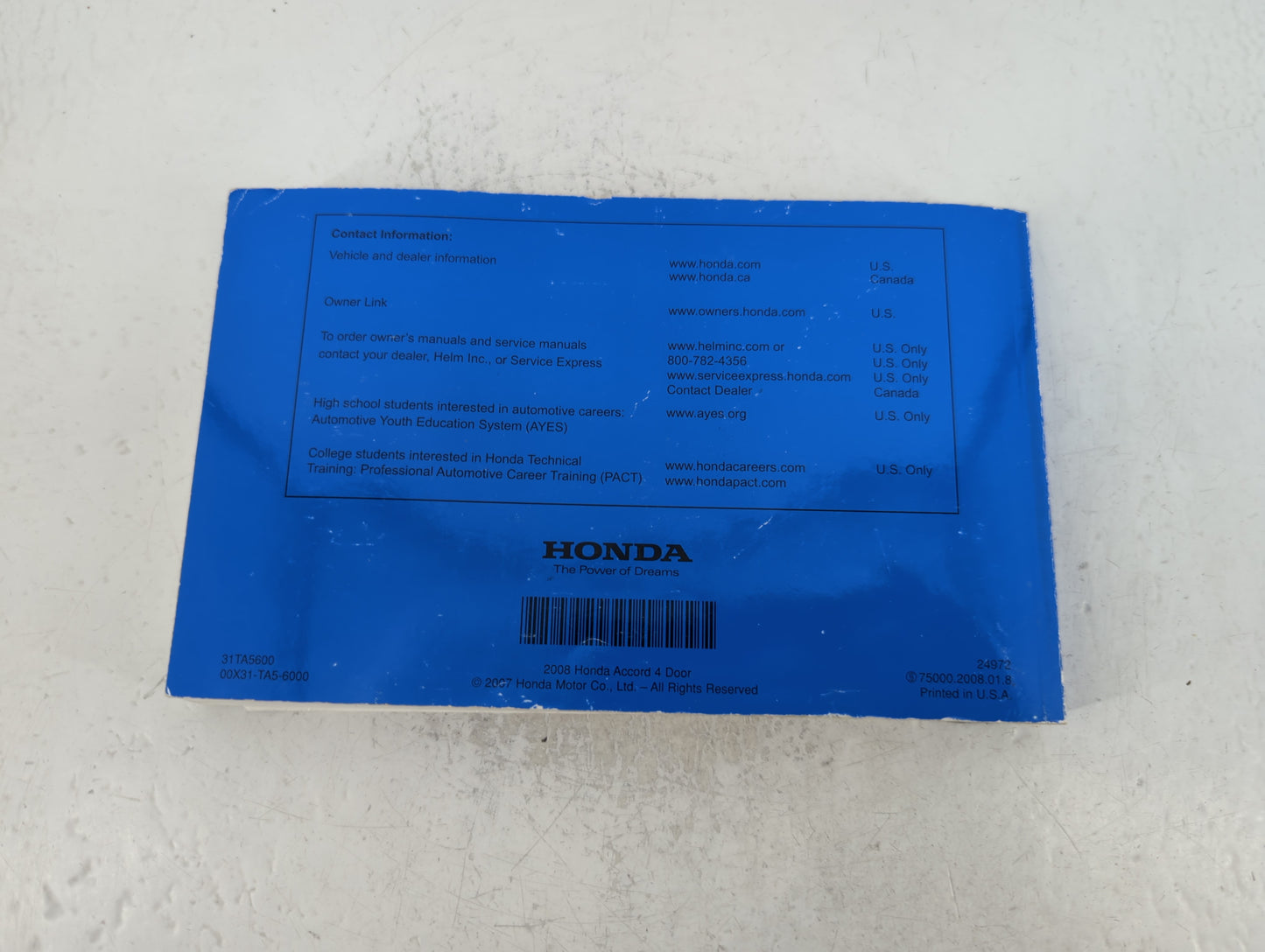 2008 Honda Accord Owners Manual Book Guide P/N:00X31-TA5-6000 31TA5600 OEM Used Auto Parts - Oemusedautoparts1.com
