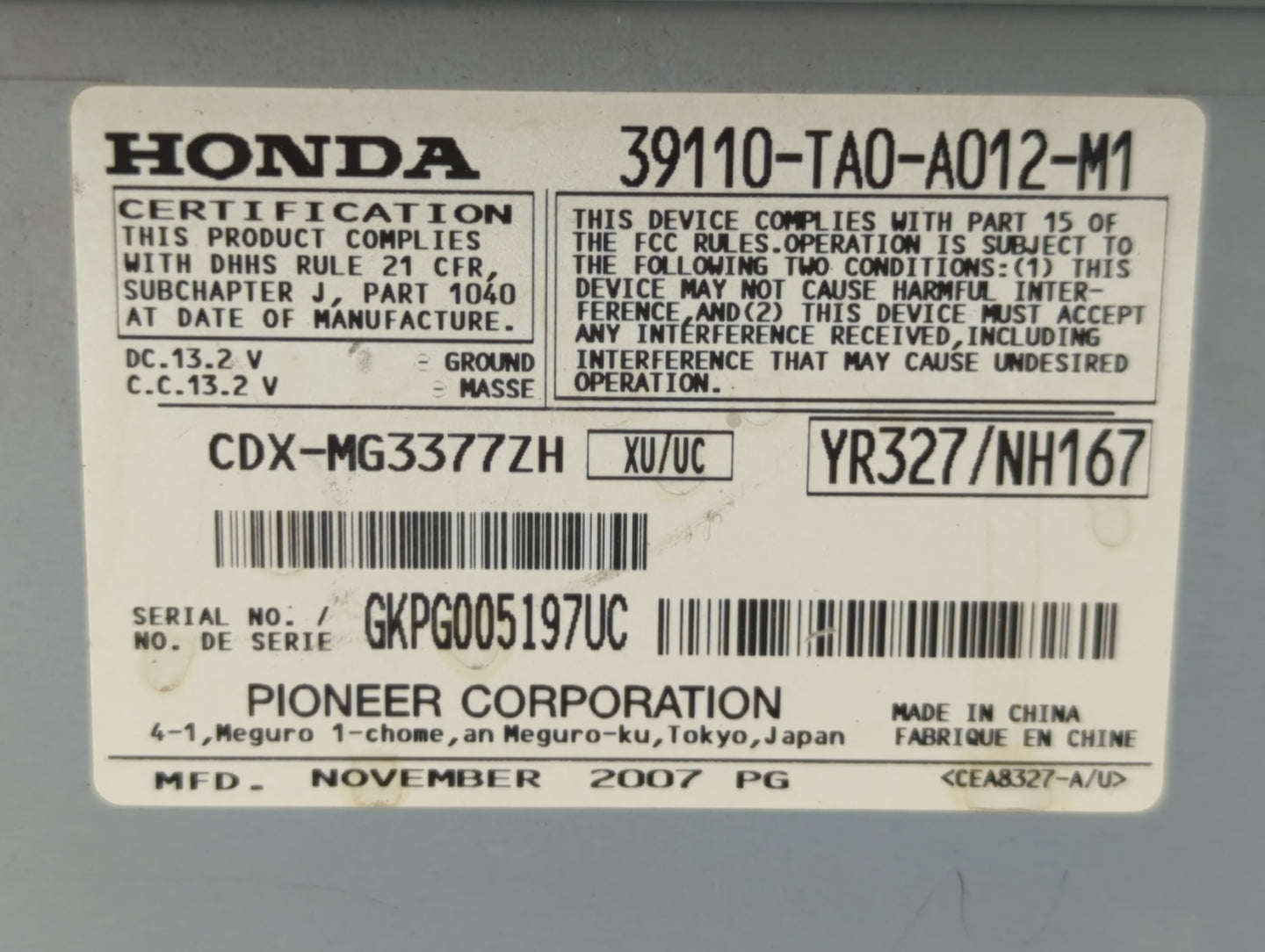 2008-2010 Honda Accord Radio AM FM Cd Player Receiver Replacement P/N:39110-TA0-A012-M1 Fits Fits 2008 2009 2010 OEM Used Au