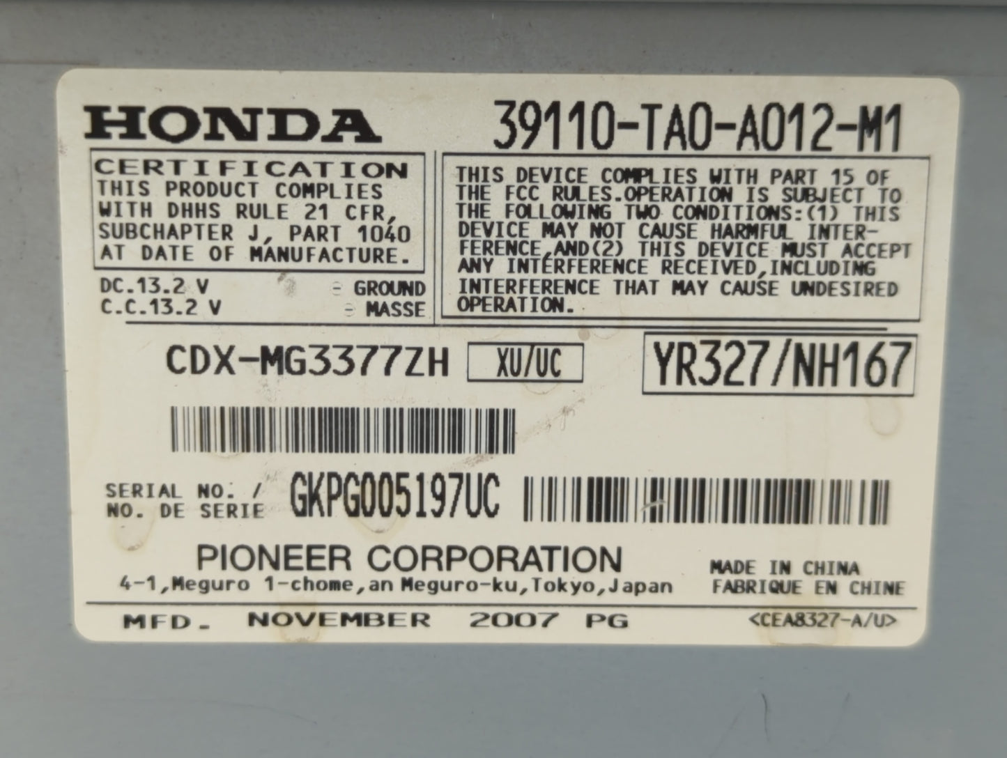 2008-2010 Honda Accord Radio AM FM Cd Player Receiver Replacement P/N:39110-TA0-A012-M1 Fits Fits 2008 2009 2010 OEM Used Au