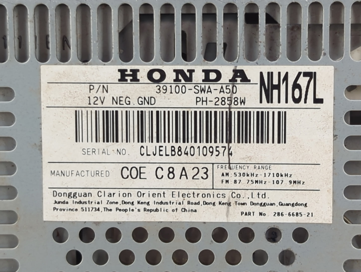 2008 Honda Crv Radio AM FM Cd Player Receiver Replacement P/N:39100-SWA-A50 PH-2858W, 286-6685-21 Fits Fits 2007 2009 OEM Us
