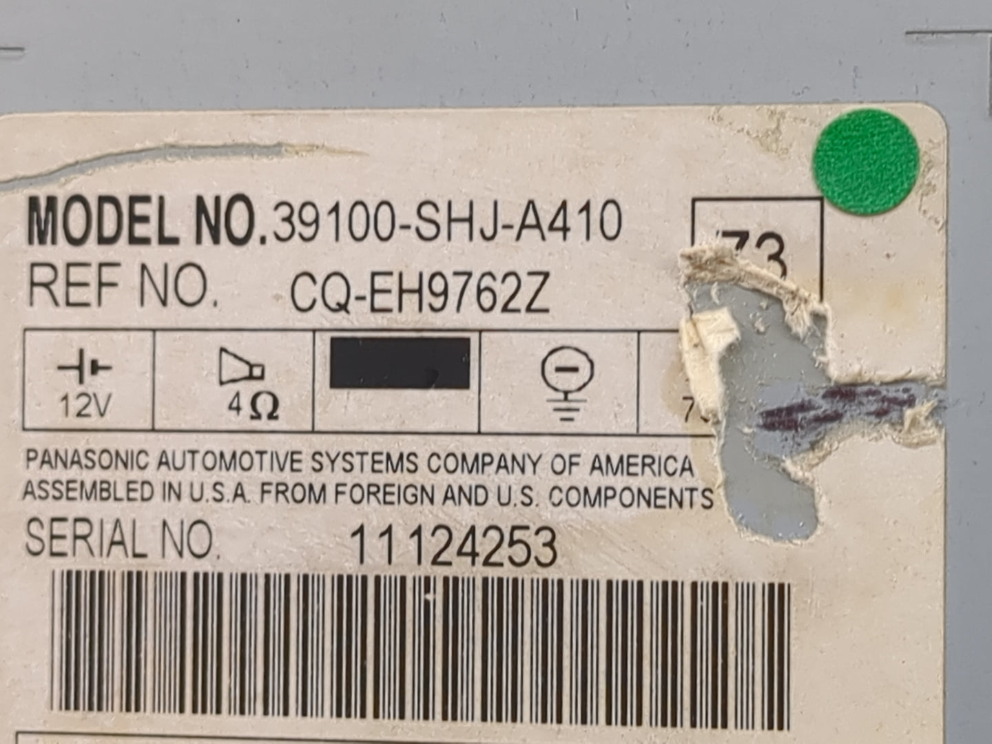 2008 Honda Odyssey Radio AM FM Cd Player Receiver Replacement P/N:39100-SHJ-A410 CQ-EH9762Z Fits OEM Used Auto Parts - Oemus