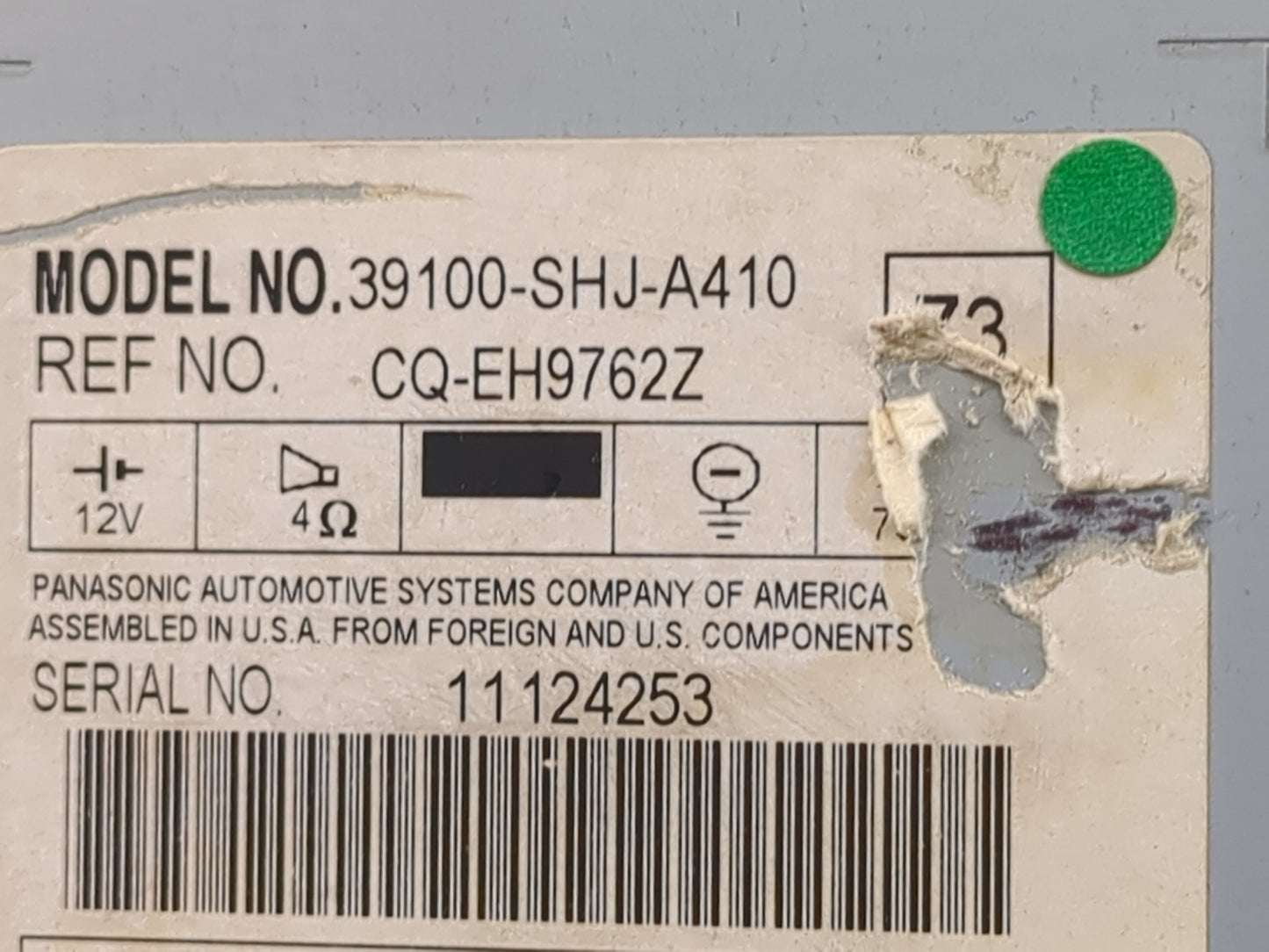 2008 Honda Odyssey Radio AM FM Cd Player Receiver Replacement P/N:39100-SHJ-A410 CQ-EH9762Z Fits OEM Used Auto Parts - Oemus