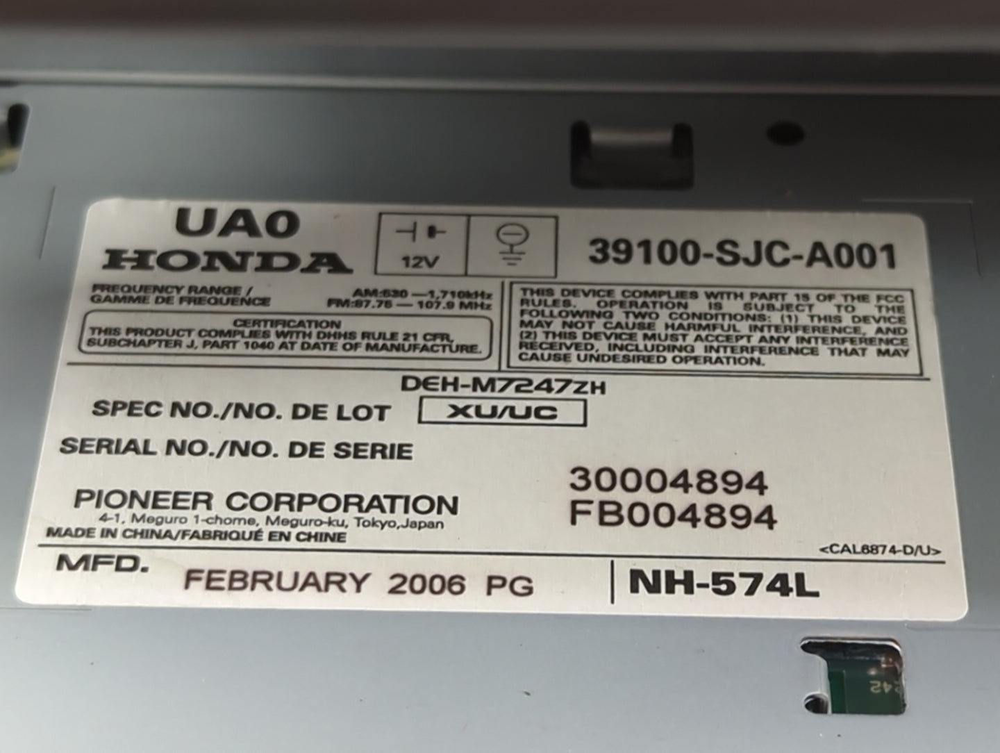 2006-2008 Honda Ridgeline Radio AM FM Cd Player Receiver Replacement P/N:FB004894 30004894 Fits Fits 2006 2007 2008 OEM Used