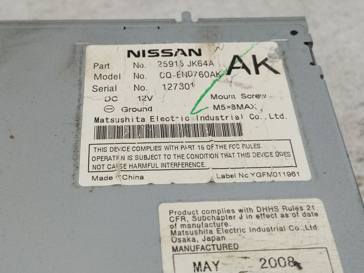 2008 Infiniti G35 Radio AM FM Cd Player Receiver Replacement P/N:25915 JK64A Fits Fits 2009 OEM Used Auto Parts - Oemusedaut