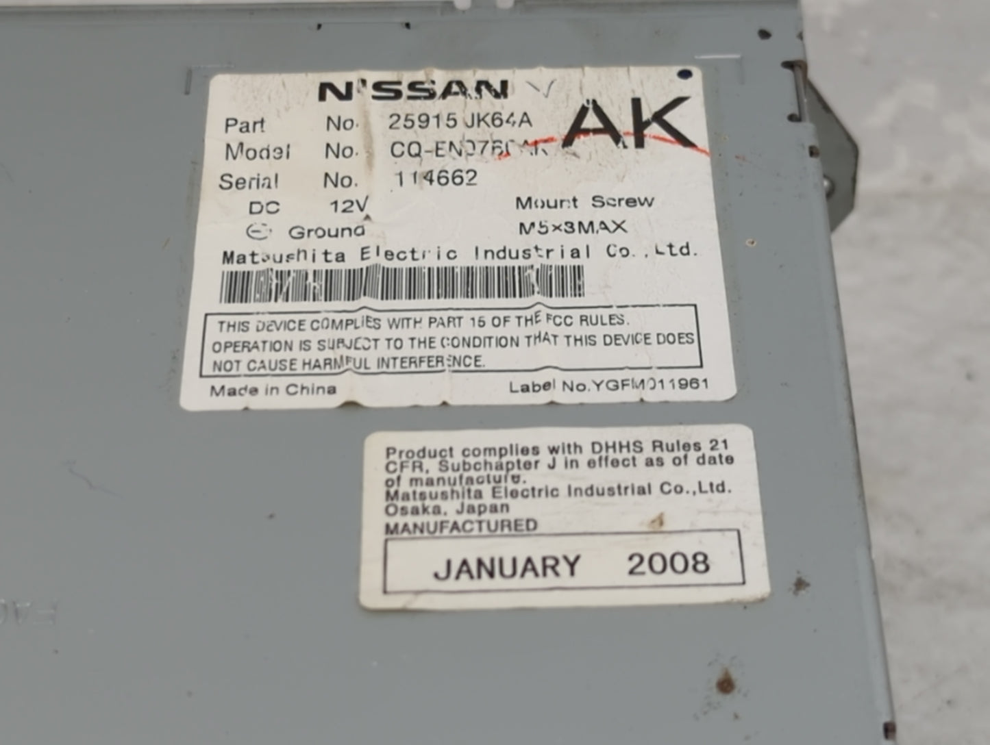 2008-2009 Infiniti G37 Radio AM FM Cd Player Receiver Replacement P/N:25915JK64A CQ-EN07B0AK Fits Fits 2008 2009 OEM Used Au