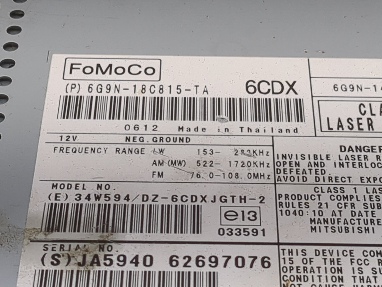 2008-2012 Land Rover Lr2 Radio AM FM Cd Player Receiver Replacement P/N:6G9N-18C815-TA 34W594/DZ-6CDXJGTH-2 Fits OEM Used Au