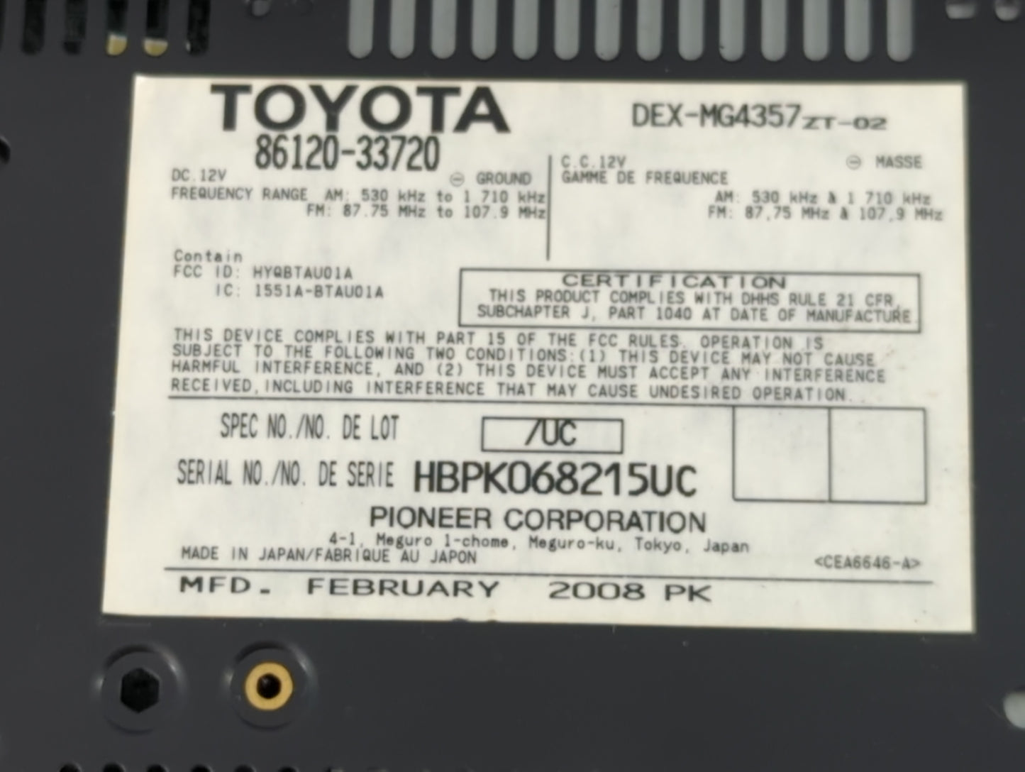2007-2009 Lexus Es350 Radio AM FM Cd Player Receiver Replacement P/N:86120-33720 Fits Fits 2007 2008 2009 OEM Used Auto Part