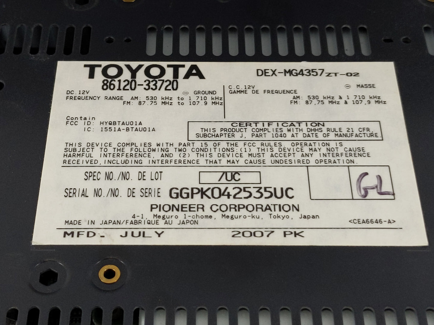 2007-2009 Lexus Es350 Radio AM FM Cd Player Receiver Replacement P/N:86120-33720 Fits Fits 2007 2008 2009 OEM Used Auto Part