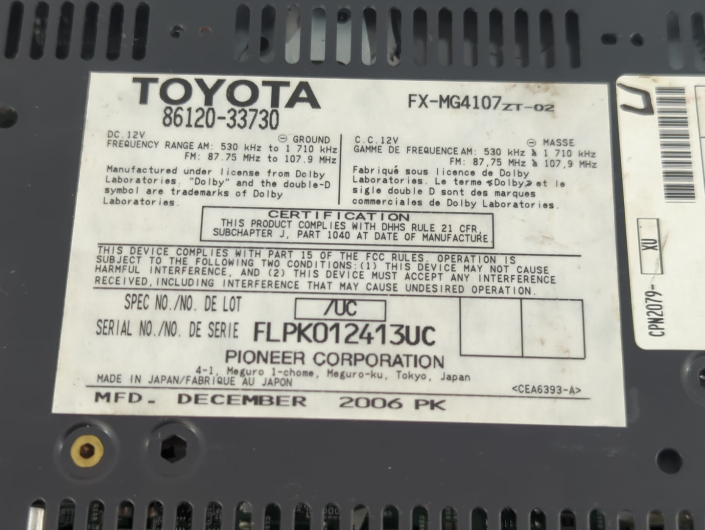 2007-2009 Lexus Es350 Radio AM FM Cd Player Receiver Replacement P/N:2024B-BT005A 86430-33013 Fits Fits 2007 2008 2009 OEM U