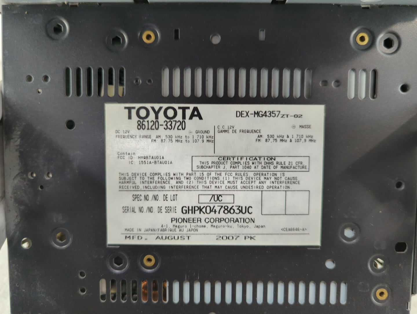 2008 Lexus Es350 Radio AM FM Cd Player Receiver Replacement P/N:86120-33720 DEX-MG4357ZT-02, HYQBTAU01A, 1551A-BTAU01A Fits 