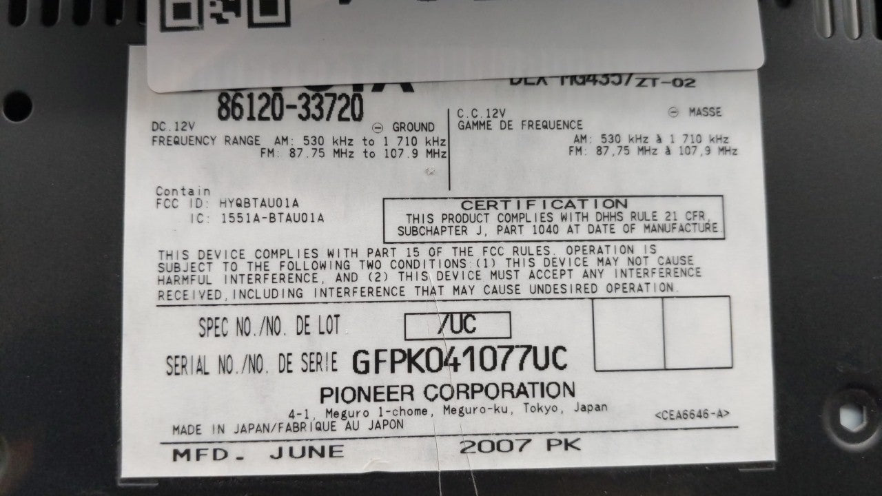 2007-2009 Lexus Es350 Am Fm Cd Player Radio Receiver - Oemusedautoparts1.com