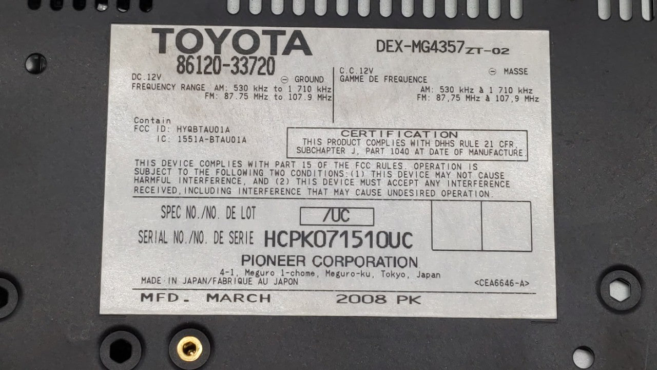 2007-2009 Lexus Es350 Radio AM FM Cd Player Receiver Replacement P/N:86120-33720-1 86120-33720 Fits Fits 2007 2008 2009 OEM 