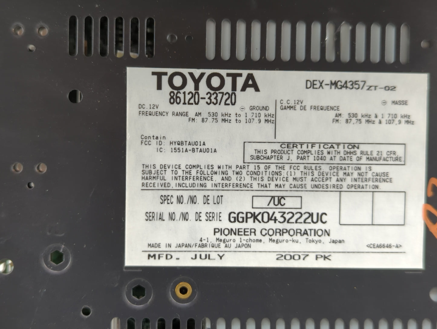 2007-2009 Lexus Es350 Radio AM FM Cd Player Receiver Replacement P/N:86120-33720 55900-33C10 Fits Fits 2007 2008 2009 OEM Us