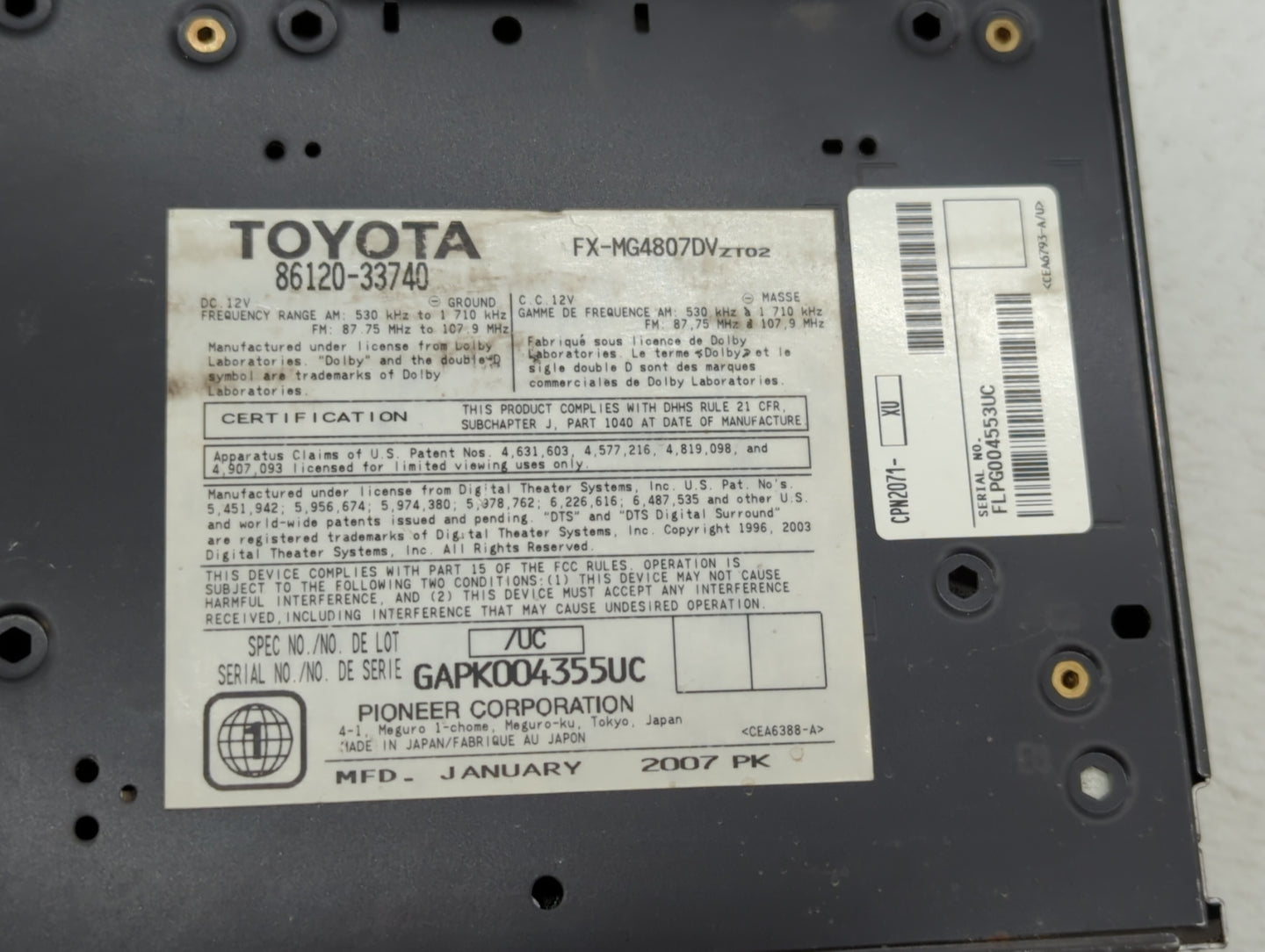 2008 Lexus Es350 Radio AM FM Cd Player Receiver Replacement P/N:86120-33740 Fits OEM Used Auto Parts - Oemusedautoparts1.com