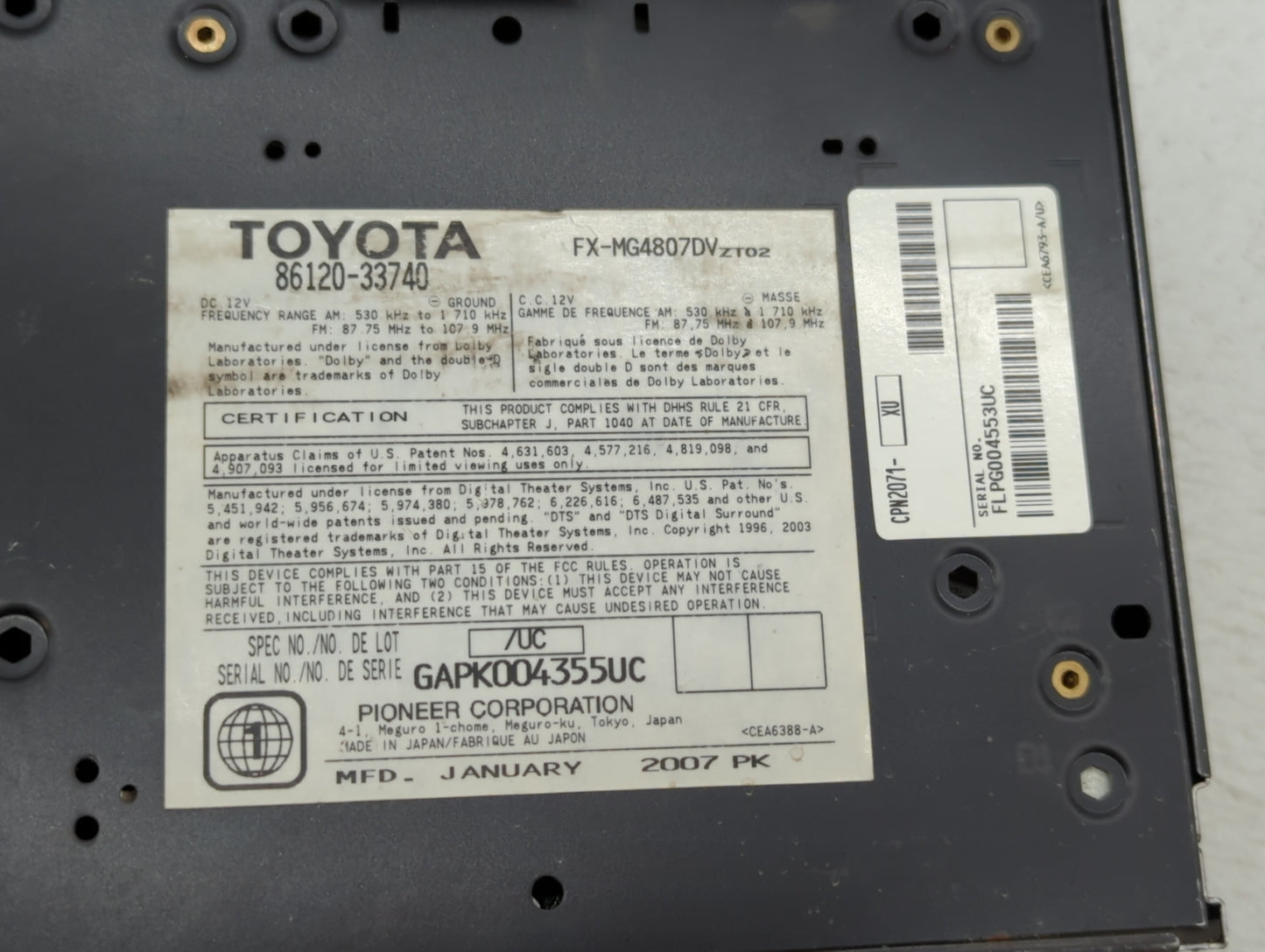 2008 Lexus Es350 Radio AM FM Cd Player Receiver Replacement P/N:86120-33740 Fits OEM Used Auto Parts - Oemusedautoparts1.com