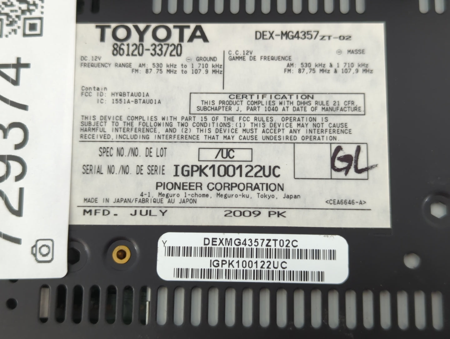 2007-2009 Lexus Es350 Am Fm Cd Player Radio Receiver - Oemusedautoparts1.com