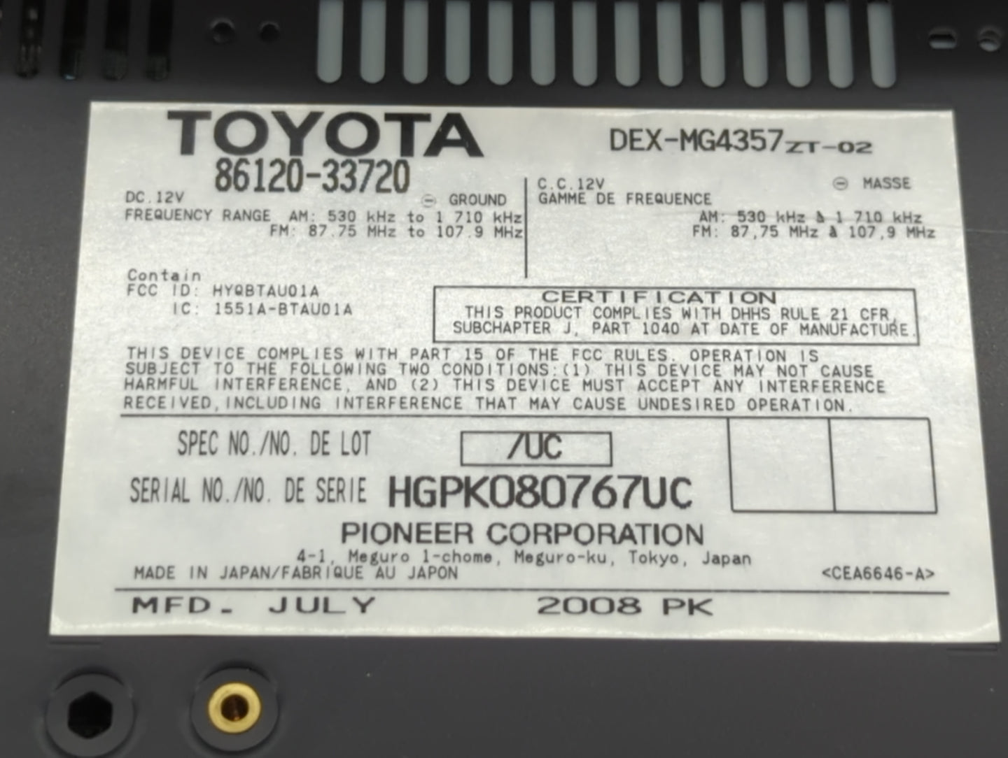 2007-2009 Lexus Es350 Am Fm Cd Player Radio Receiver - Oemusedautoparts1.com