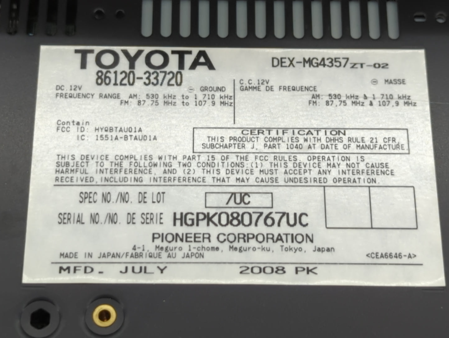 2007-2009 Lexus Es350 Am Fm Cd Player Radio Receiver - Oemusedautoparts1.com