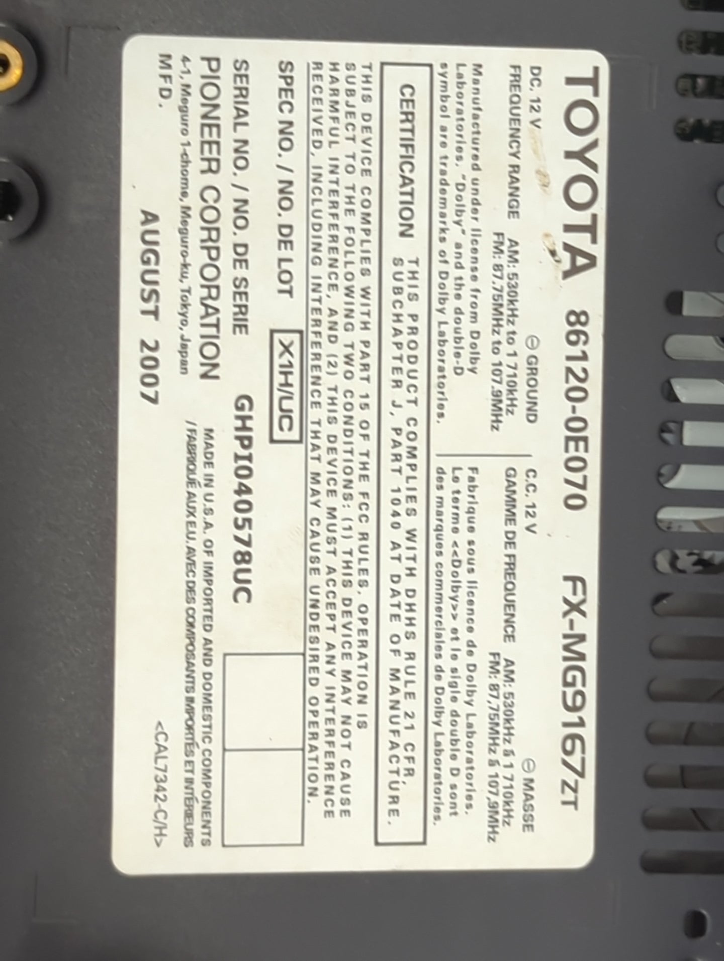 2007-2009 Lexus Rx350 Radio AM FM Cd Player Receiver Replacement P/N:86120-0E070 FX-MG9167ZT Fits Fits 2006 2007 2008 2009 O