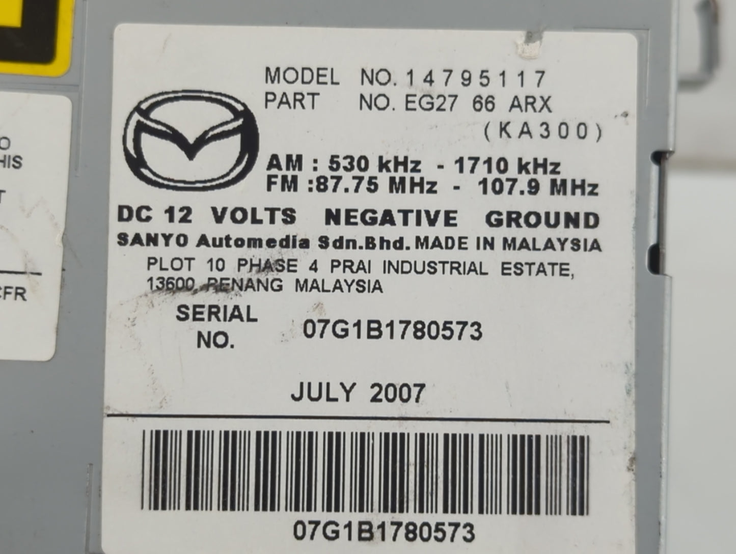 2007-2009 Mazda Cx-7 Radio AM FM Cd Player Receiver Replacement P/N:EG27 66 ARX Fits Fits 2007 2008 2009 OEM Used Auto Parts