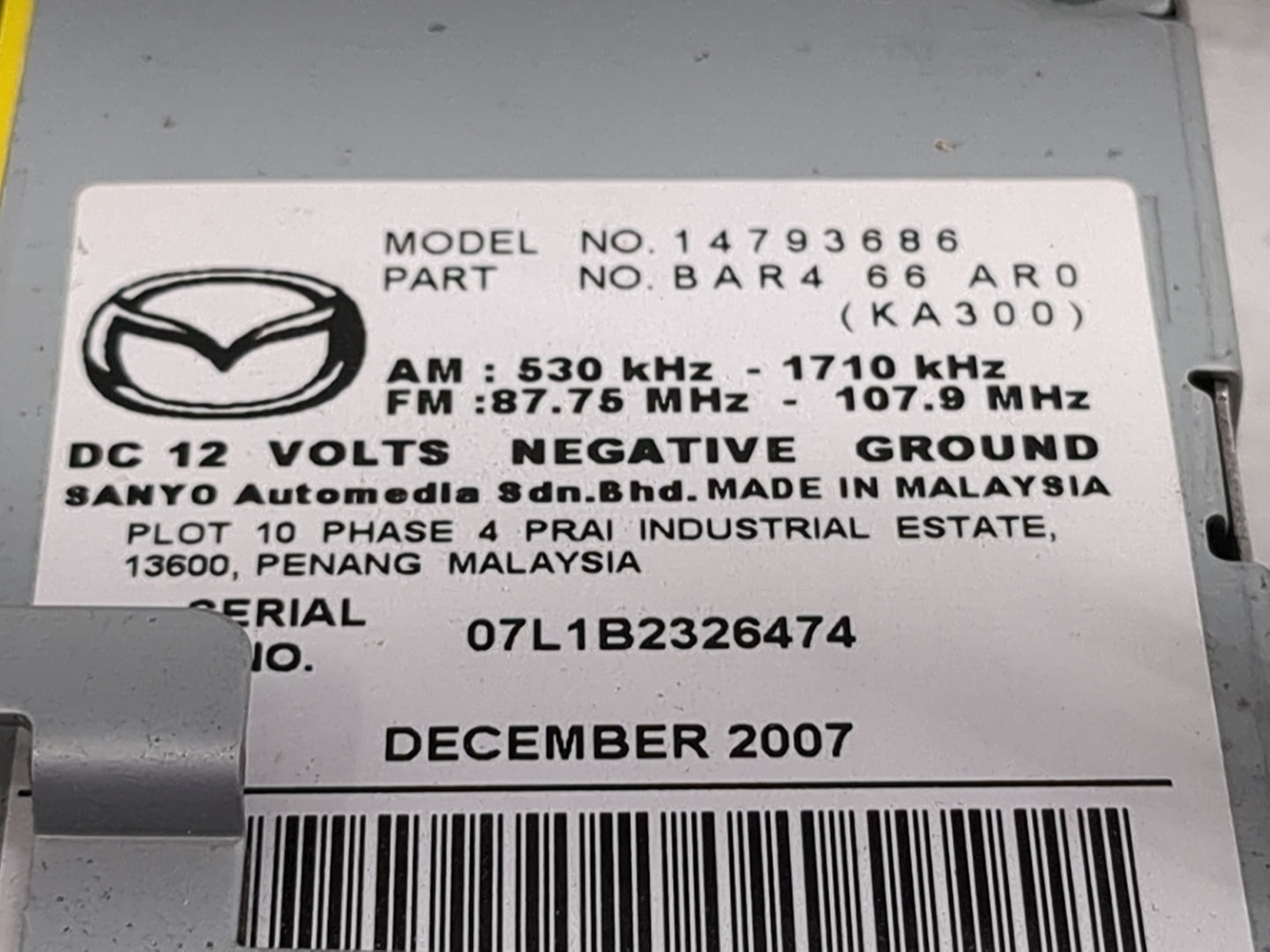 2008 Mazda Mazda3 Radio AM FM Cd Player Receiver Replacement P/N:BAR466AR0 14793686 Fits Fits 2009 OEM Used Auto Parts - Oem