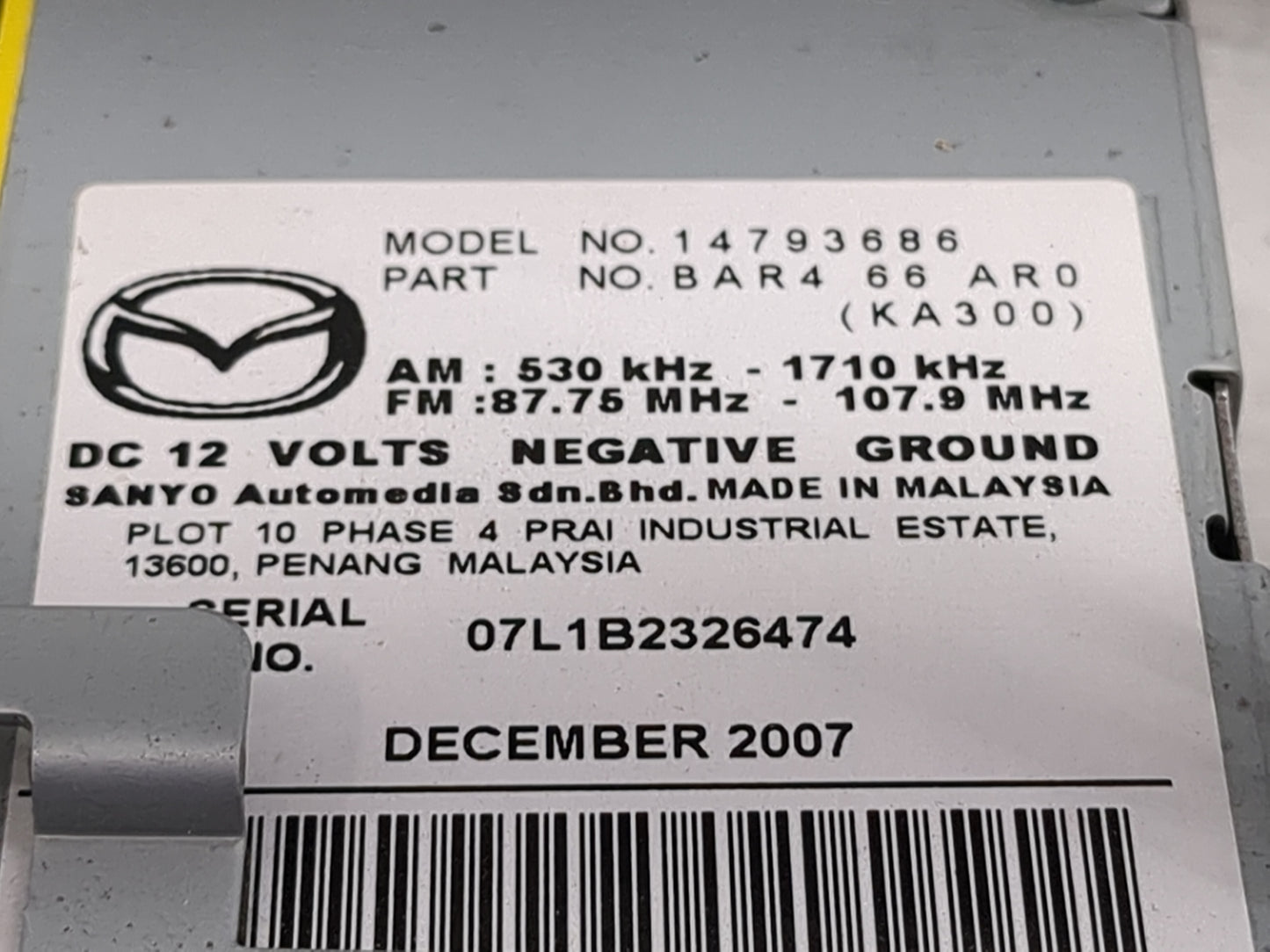 2008 Mazda Mazda3 Radio AM FM Cd Player Receiver Replacement P/N:BAR466AR0 14793686 Fits Fits 2009 OEM Used Auto Parts - Oem