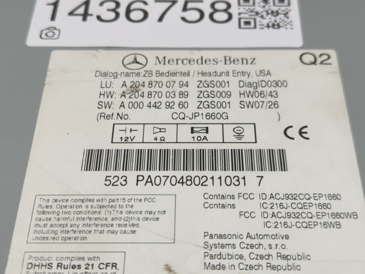 2008 Mercedes-Benz C-Class Radio AM FM Cd Player Receiver Replacement P/N:A2048700794 A2048700389, A0004429260, CQ-JP1660G F