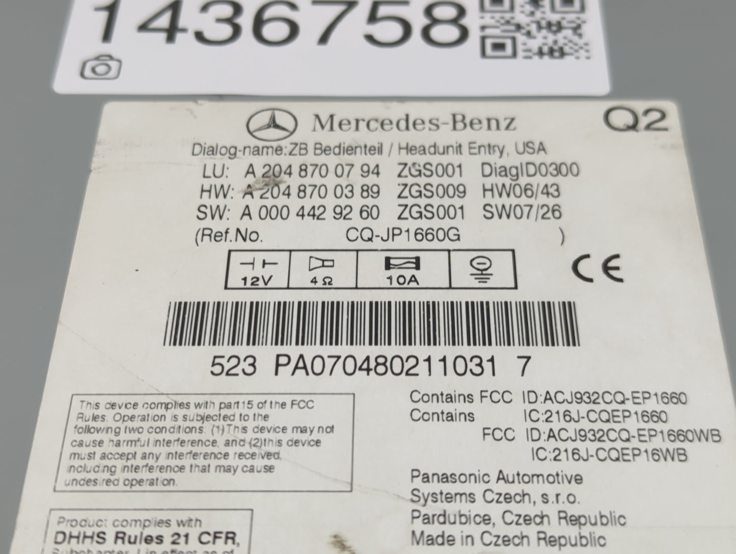 2008 Mercedes-Benz C-Class Radio AM FM Cd Player Receiver Replacement P/N:A2048700794 A2048700389, A0004429260, CQ-JP1660G F
