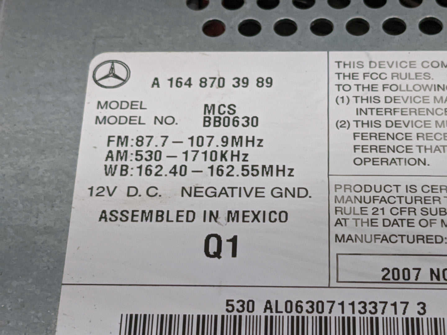 2007-2008 Mercedes-Benz Ml350 Radio AM FM Cd Player Receiver Replacement P/N:A 164 870 39 89 BB0630 Fits Fits 2007 2008 2009