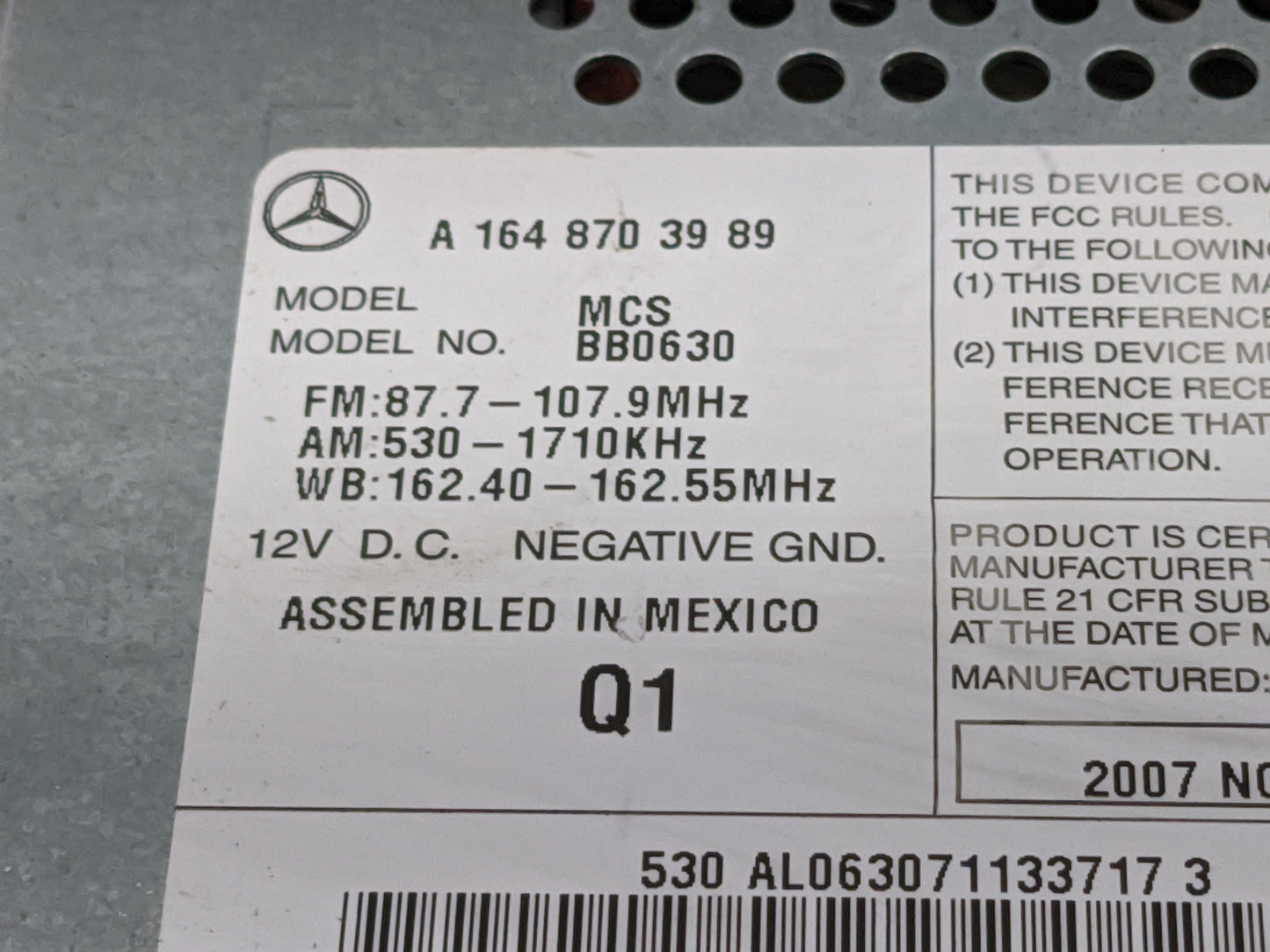 2007-2008 Mercedes-Benz Ml350 Radio AM FM Cd Player Receiver Replacement P/N:A 164 870 39 89 BB0630 Fits Fits 2007 2008 2009