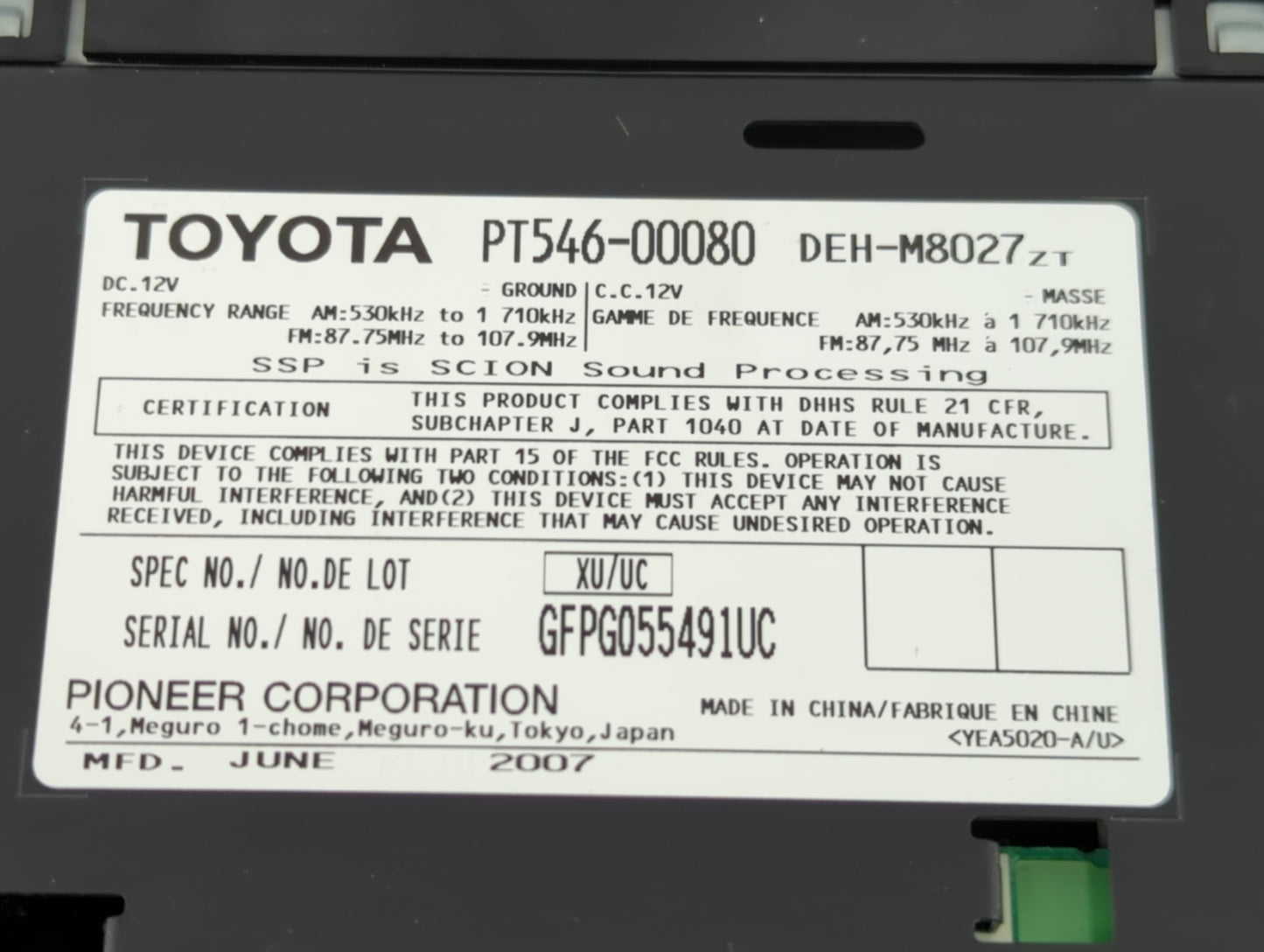 2008-2010 Scion Tc Radio AM FM Cd Player Receiver Replacement P/N:PT546-00080 Fits Fits 2008 2009 2010 2011 2012 2013 2014 O