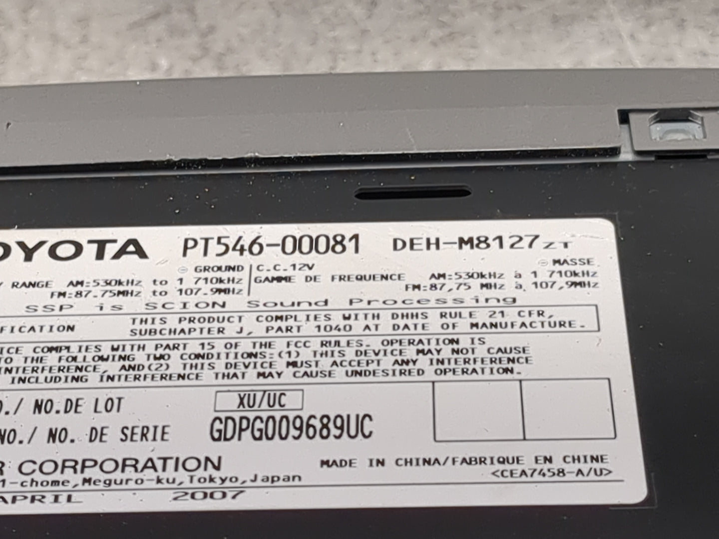 2008-2014 Scion Xb Radio AM FM Cd Player Receiver Replacement P/N:PT546-00081 DEH-M8127ZT Fits OEM Used Auto Parts - Oemused