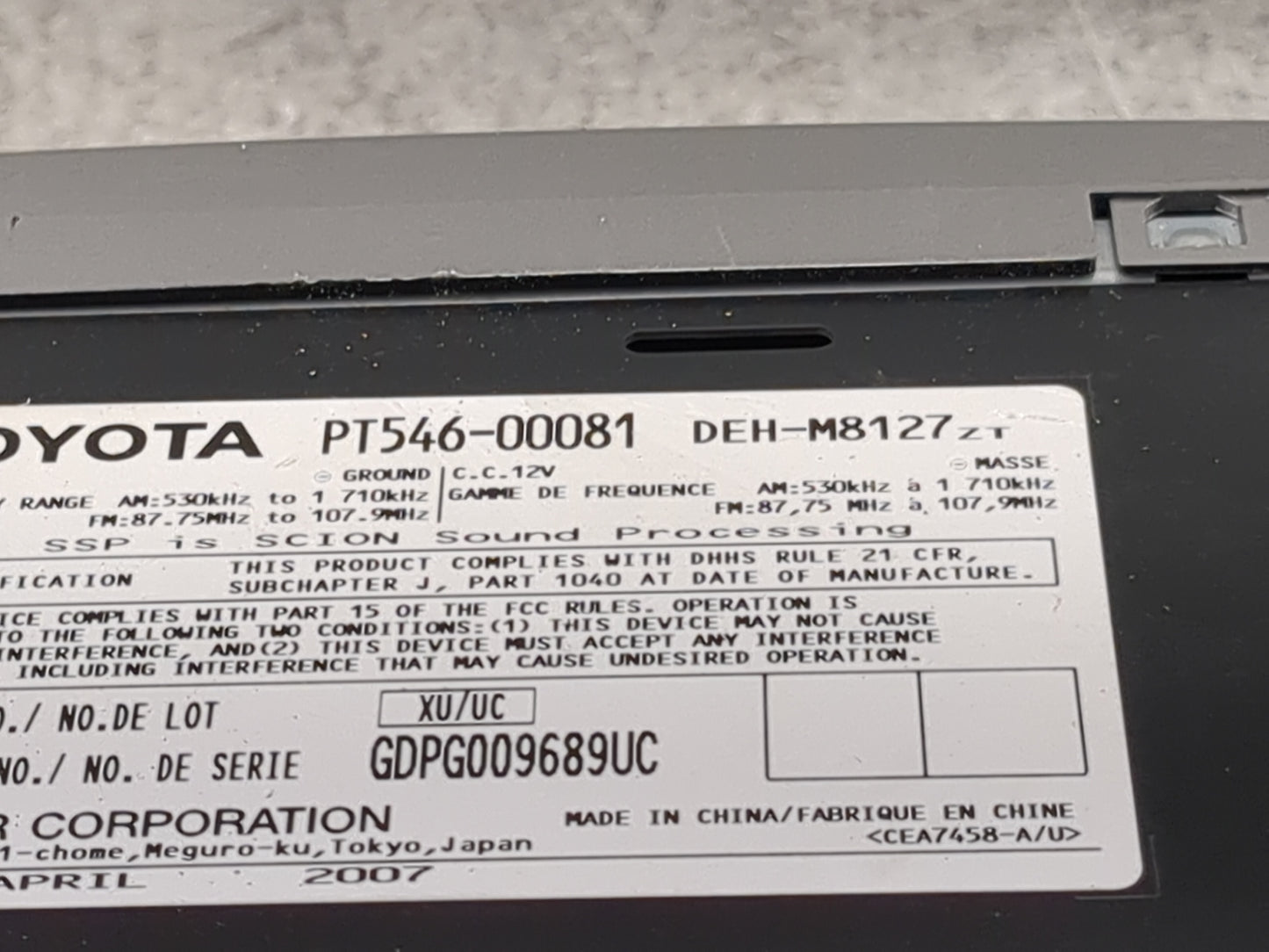2008-2014 Scion Xb Radio AM FM Cd Player Receiver Replacement P/N:PT546-00081 DEH-M8127ZT Fits OEM Used Auto Parts - Oemused