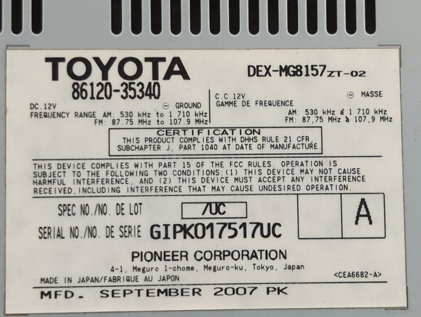 2006-2009 Toyota 4runner Radio AM FM Cd Player Receiver Replacement P/N:86120-35340 DEX-MG8157ZT-02 Fits Fits 2006 2007 2008