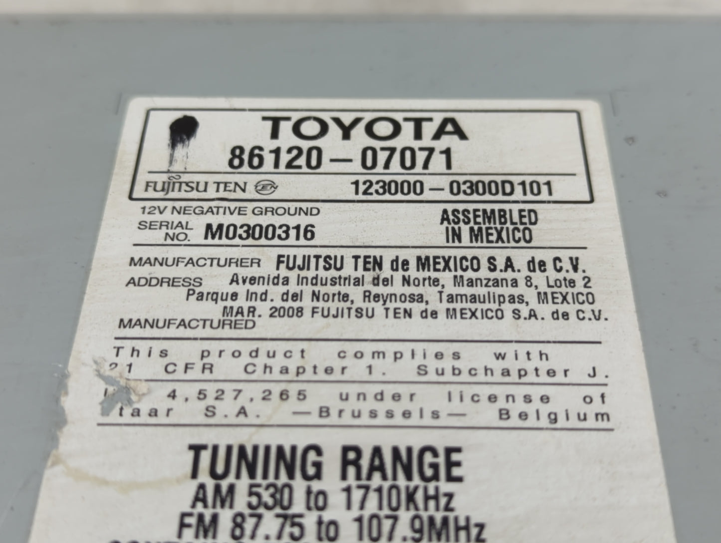 2008-2010 Toyota Avalon Radio AM FM Cd Player Receiver Replacement P/N:86120-07071 Fits Fits 2008 2009 2010 OEM Used Auto Pa