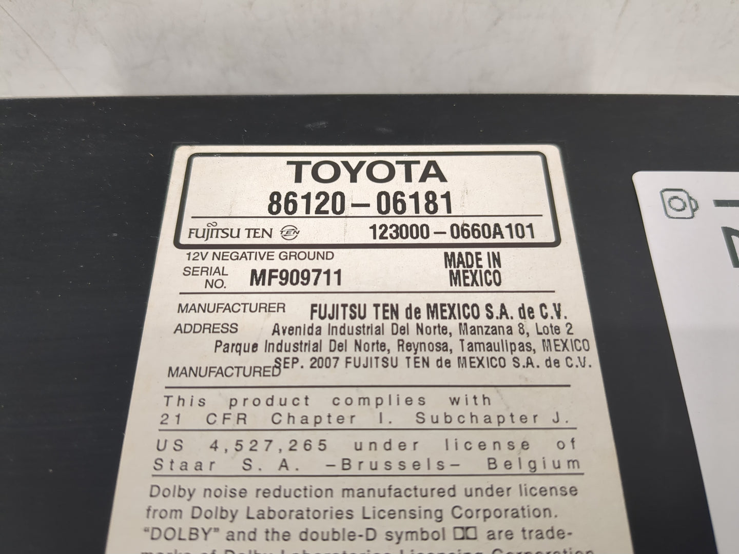 2007-2009 Toyota Camry Radio AM FM Cd Player Receiver Replacement P/N:86120-06181 Fits Fits 2007 2008 2009 OEM Used Auto Par